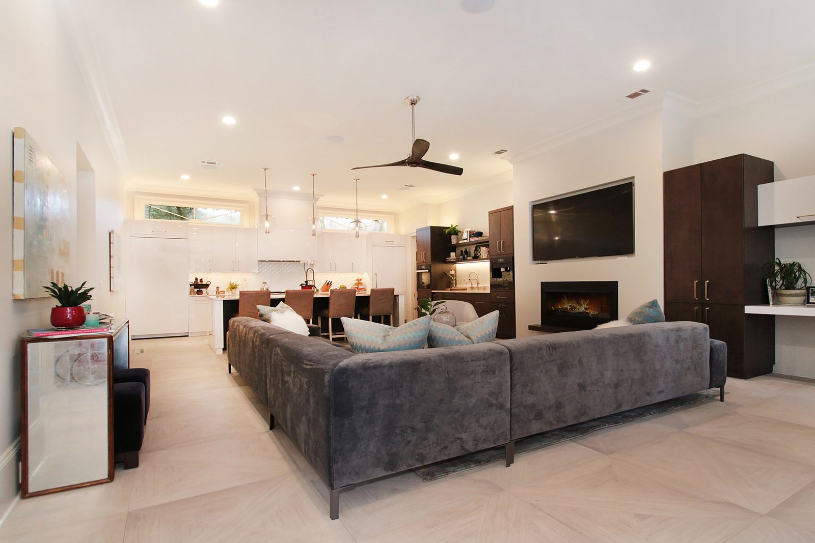 Open kitchen and family room in the new addition of a Garden District home