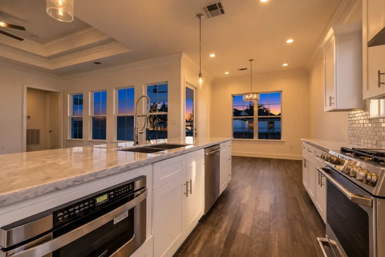 Kitchen island with a farmhouse faucet and stainless appliances, looking toward the dining area, in a DuCar new home in New Orleans