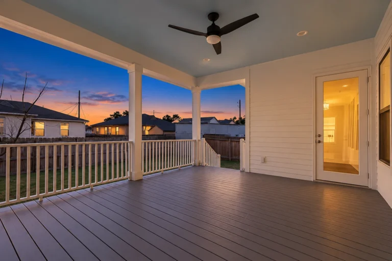 Large covered back porch with a ceiling fan in a DuCar new home in New Orleans