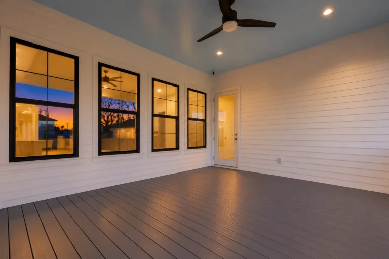 Covered back porch with a wall of black-framed windows and a ceiling fan at dusk, in a DuCar new home in New Orleans