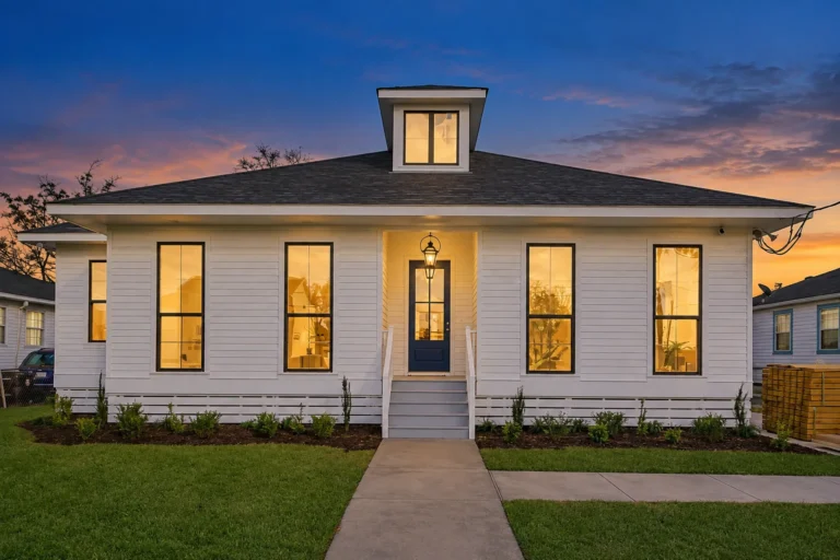 White four-bedroom new home in New Orleans by DuCar Construction at dusk, with a hip roof, a dormer, a lantern at the blue front door and a raised, skirted foundation