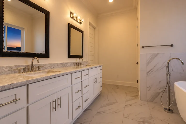 Primary bathroom with a double vanity and marble-look tile in a DuCar new home in New Orleans