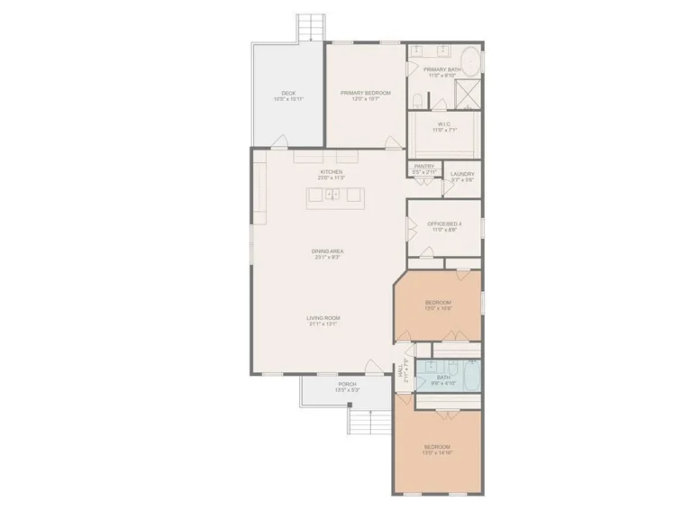 Floor plan of a four-bedroom DuCar new home in New Orleans with open kitchen, dining and living and a primary suite with walk-in closet