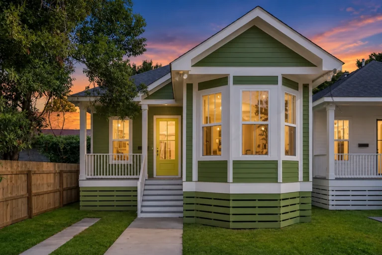 New-construction raised cottage in New Orleans built by DuCar Construction, with green lap siding, a bay window and a front porch