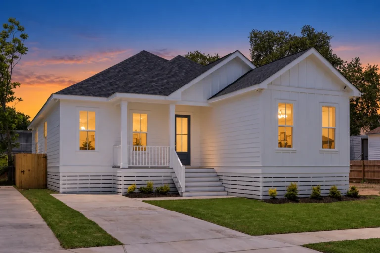 Four-bedroom new home in New Orleans by DuCar Construction with board-and-batten gables, a front porch and a raised foundation